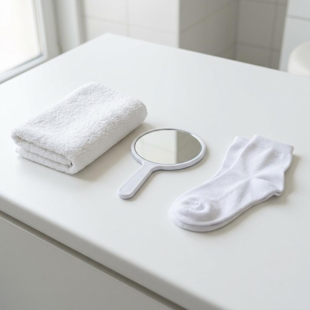 A clean white towel, small hand mirror, and white socks laid out neatly