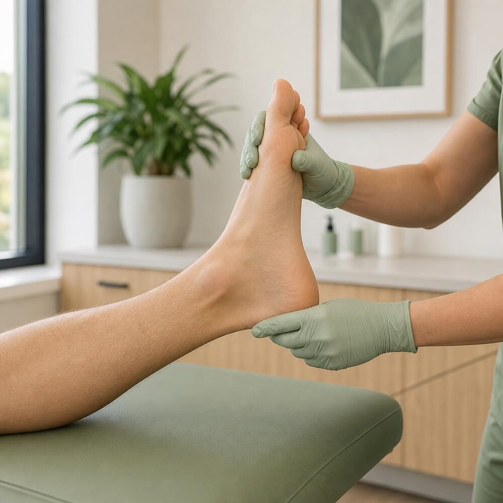Clinician assessing the range of motion in a patient's foot and ankle